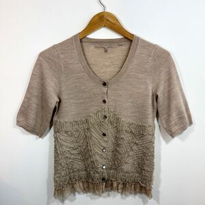 KNITTED & KNOTTED Anthropologie S Beige Wool Cardigan Sweater Cat Eye Ruffles